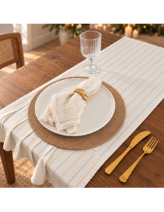 Caminos de Mesa -  Tusor Rayas Combinadas y  Volados -  Happy  Holidays