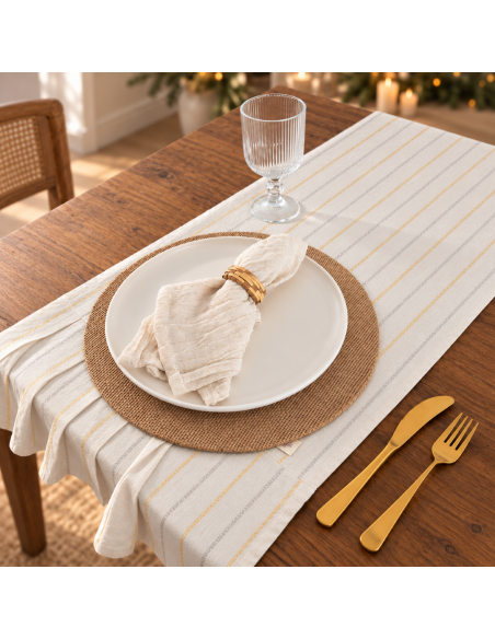 Caminos de Mesa -  Tusor Rayas Combinadas y  Volados -  Happy  Holidays