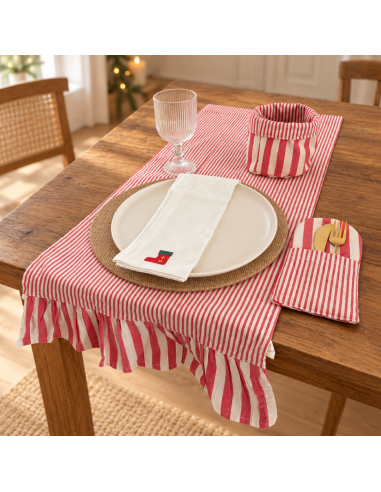 Caminos de Mesa -  Tusor Rayas Combinadas y  Volados -  Happy  Holidays