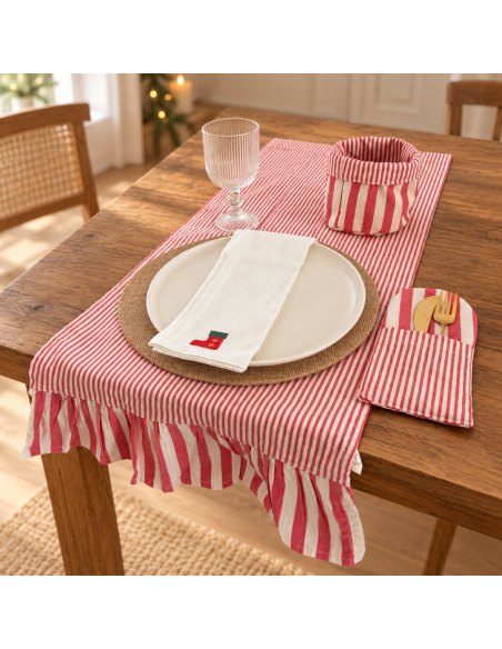 Caminos de Mesa -  Tusor Rayas Combinadas y  Volados -  Happy  Holidays